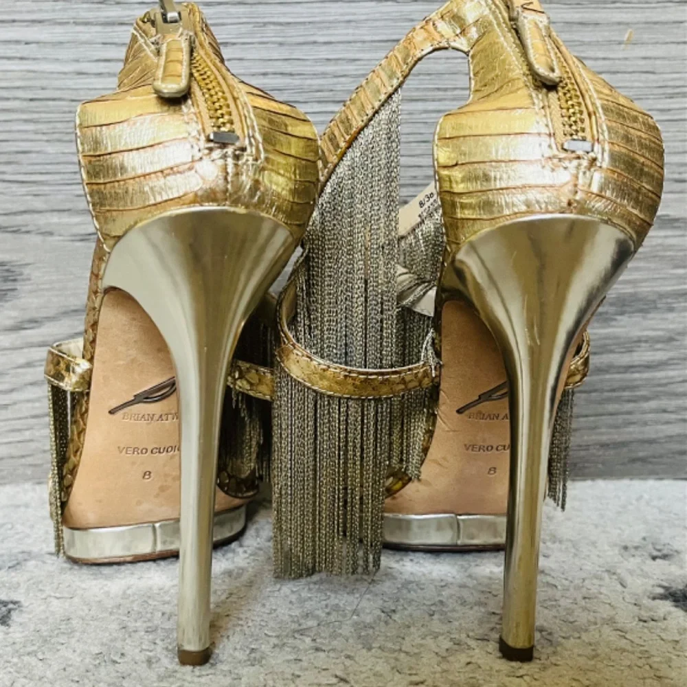 B. Brian Atwood Gold Fringe Platform Stiletto Sandal size 8 - Picture 3 of 3
